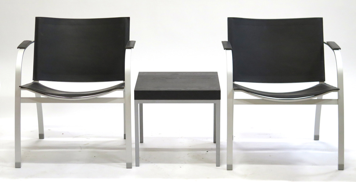 Björklund, Tord för IKEA, armstolar, 1 par, aluminium med svart skinnklädsel, "Stockholm",